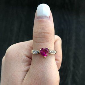 Ruby Heart & Diamond 10k Yellow Gold Ring, Size 14